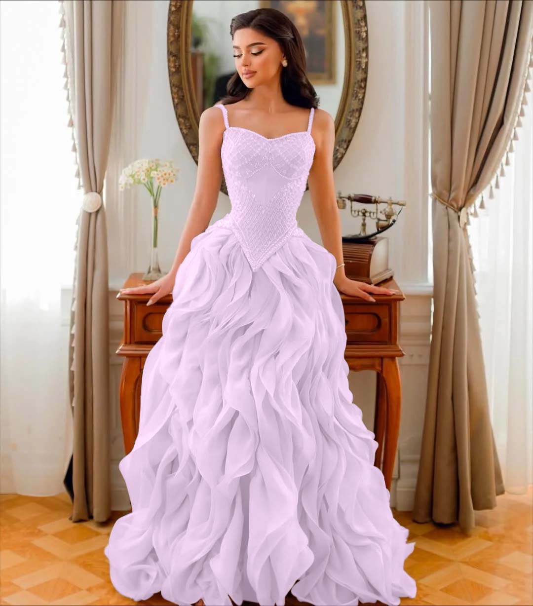 Tulle V-Neck Spaghetti Straps Strapless Sleeveless Long A-Line Prom Dress With Beadings And Pleated YK0761