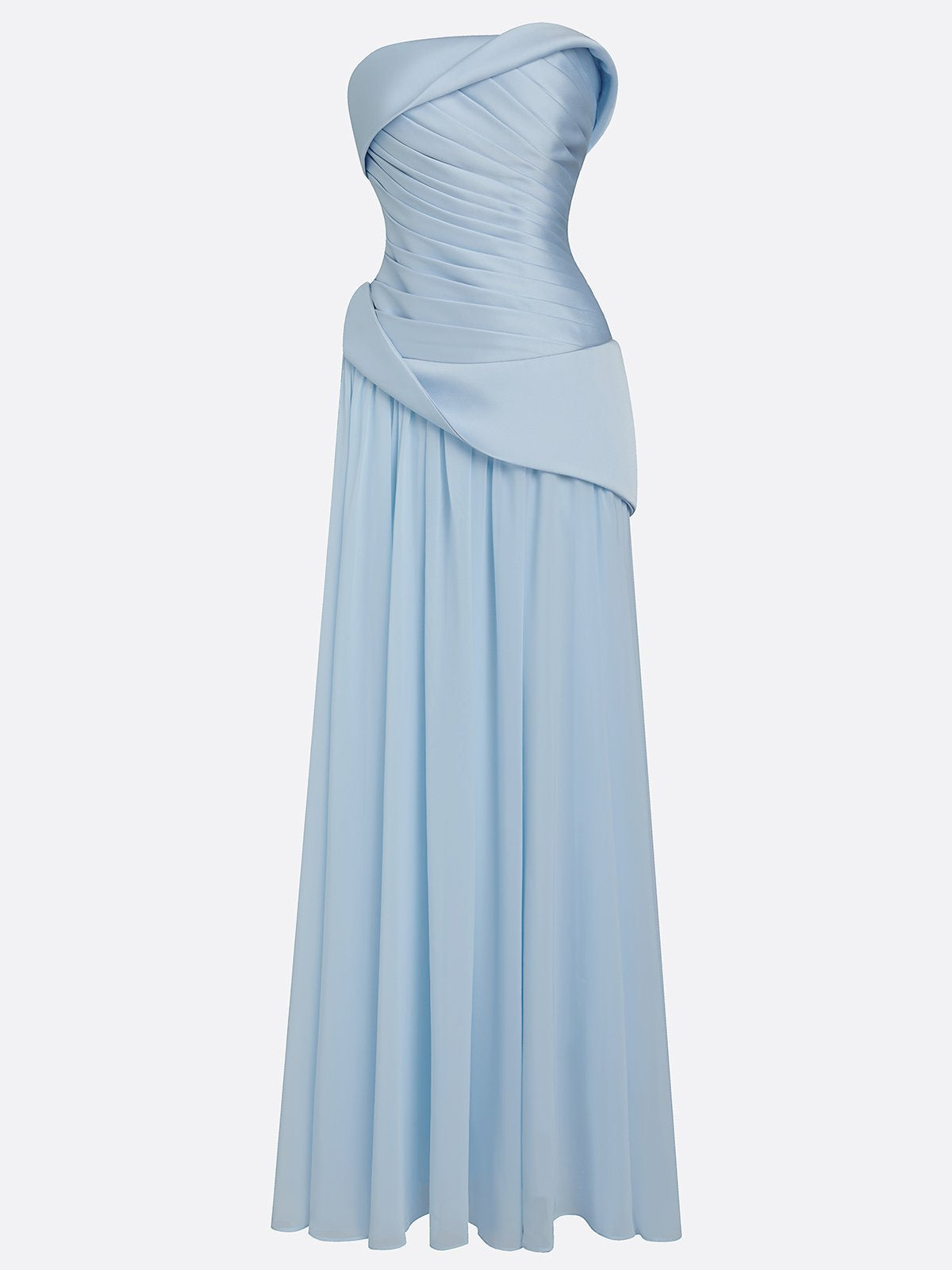 Light Blue Ruched Classic Strapless Sleeveless A-Line Gown Dress