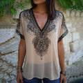 Women's Vintage Boho Nepal Ethnic Lace Art V-neck Shirt
