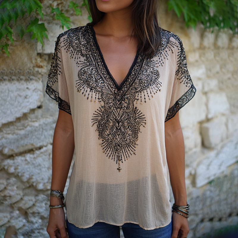 Women's Vintage Boho Nepal Ethnic Lace Art V-neck Shirt