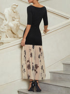 Black Floral Rose Knit Off The Shoulder Half Sleeve Mermaid Maxi Dress