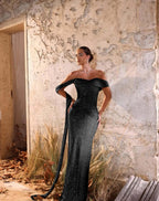 Off-The-Shoulder Strapless Sleeveless Long Pleated Mermaid Prom Dress With Sequins And Ruffle YK0709