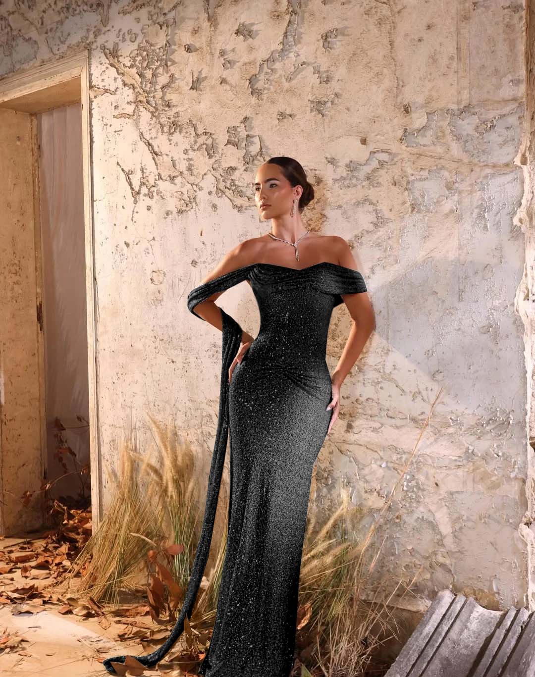 Off-The-Shoulder Strapless Sleeveless Long Pleated Mermaid Prom Dress With Sequins And Ruffle YK0709