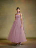 Tulle Strapless Sleeveless Long A-Line Prom Dress With Pleated And Ruffles YK0659
