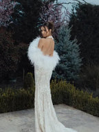 Cocoslly Halter V-Neck Sleeveless High Waist Long Prom Dress With Appliques And Tassel | White Lace LR0368