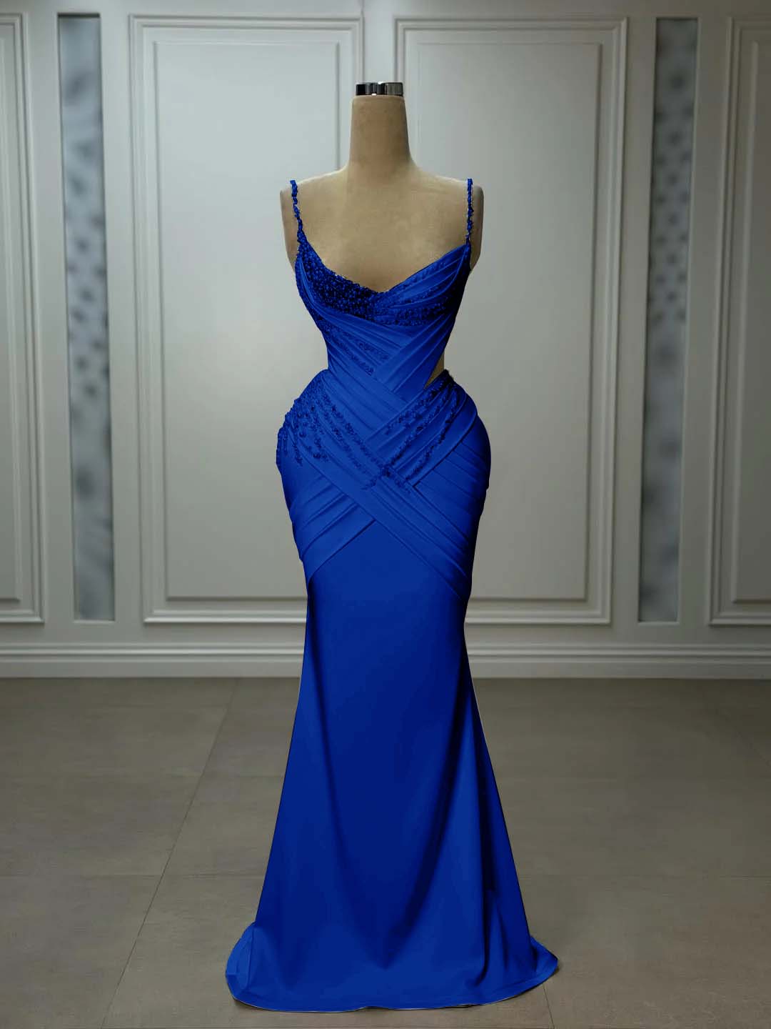 Satin V-Neck Spaghetti Straps Strapless Sleeveless Long Mermaid Prom Dress With Pleated And Beadings YK0743