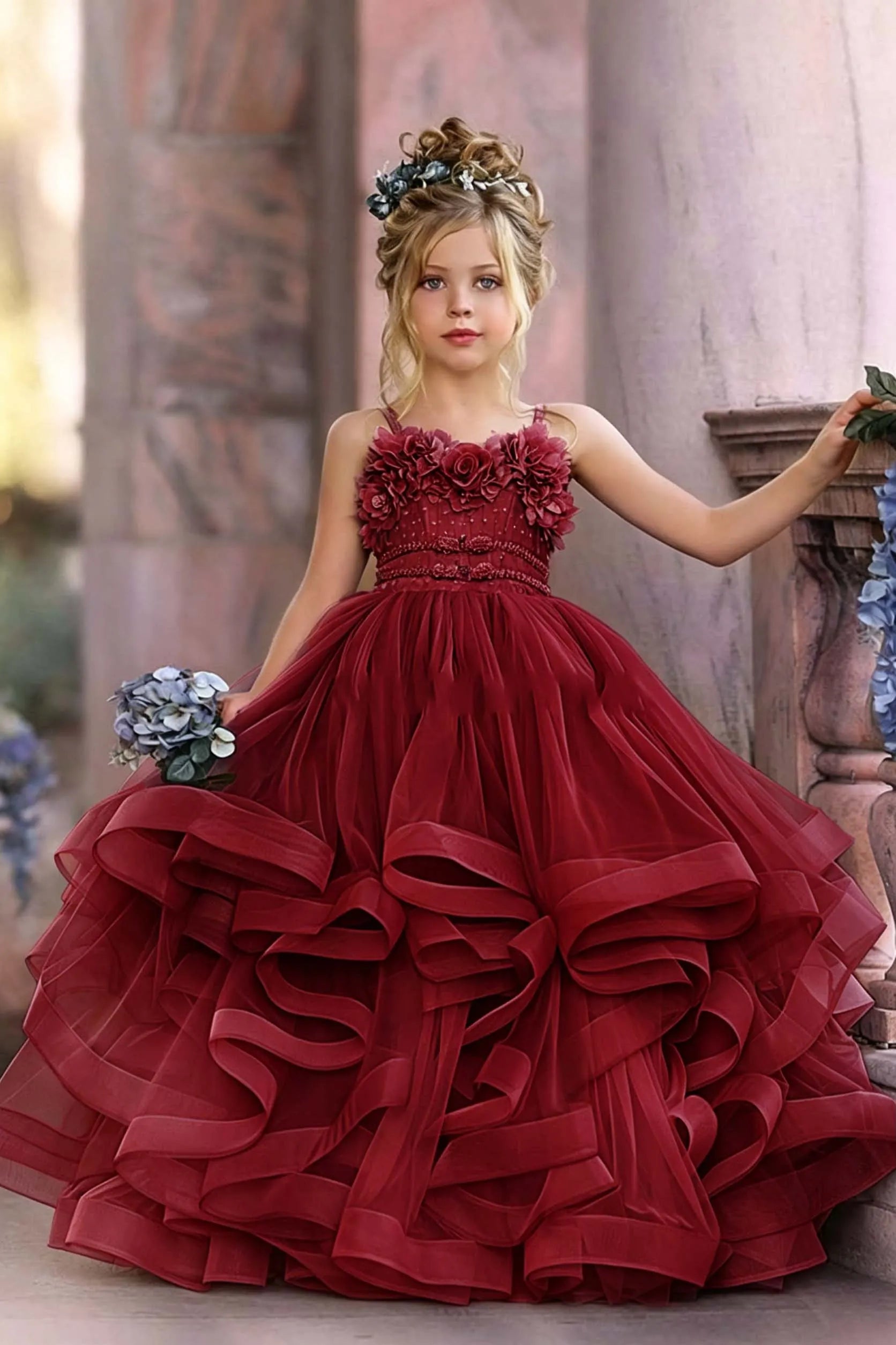 Cocoslly Spaghetti Straps  Sleeveless Flower Girl Dress With Appliques And Rhinstone | Dusty Blue Tulle FL0020
