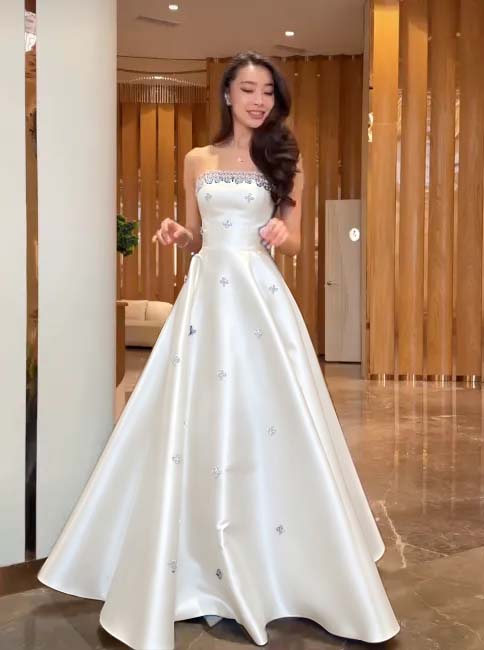 Cocoslly Strapless Sleeveless High Waist Long A Line Prom Dress With Rhinstone | Navy Blue Satin JZ0146