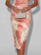 Pink Floral Satin Halter Neck Sleeveless Sheath Midi Dress