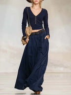 Retro Casual Navy V-Neck Henley Long-Sleeve Tee And Pleated Wide-Leg Cotton Pants Set