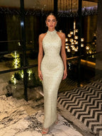 Cocoslly Halter Sleeveless High Waist Long Mermaid Prom Dress With Rhinstone | Sliver Satin LX0110