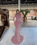 High Neck Long Sleeves Long Mermaid Prom Dress With Beading Pleated YK0512