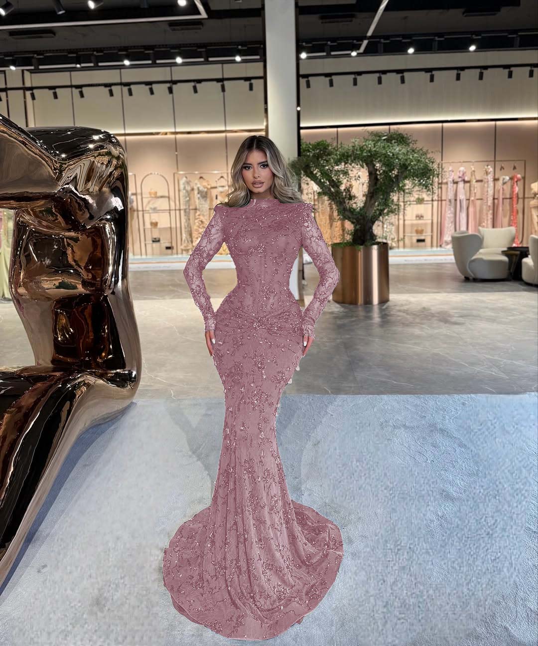 High Neck Long Sleeves Long Mermaid Prom Dress With Beading Pleated YK0512