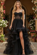 Cocoslly Spaghetti Straps Sleeveless High Waist Long Prom Dress With Beading Pearls And Split | Black Tulle LR0136