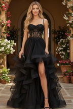 Cocoslly Spaghetti Straps Sleeveless High Waist Long Prom Dress With Beading Pearls And Split | Black Tulle LR0136