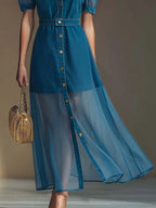 Exquisite Fashionable Front Button V-neck Short-sleeved Outer Cover Organza Blue Denim Maxi Dress