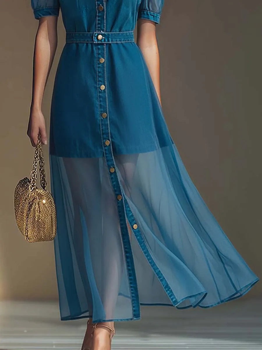 Exquisite Fashionable Front Button V-neck Short-sleeved Outer Cover Organza Blue Denim Maxi Dress