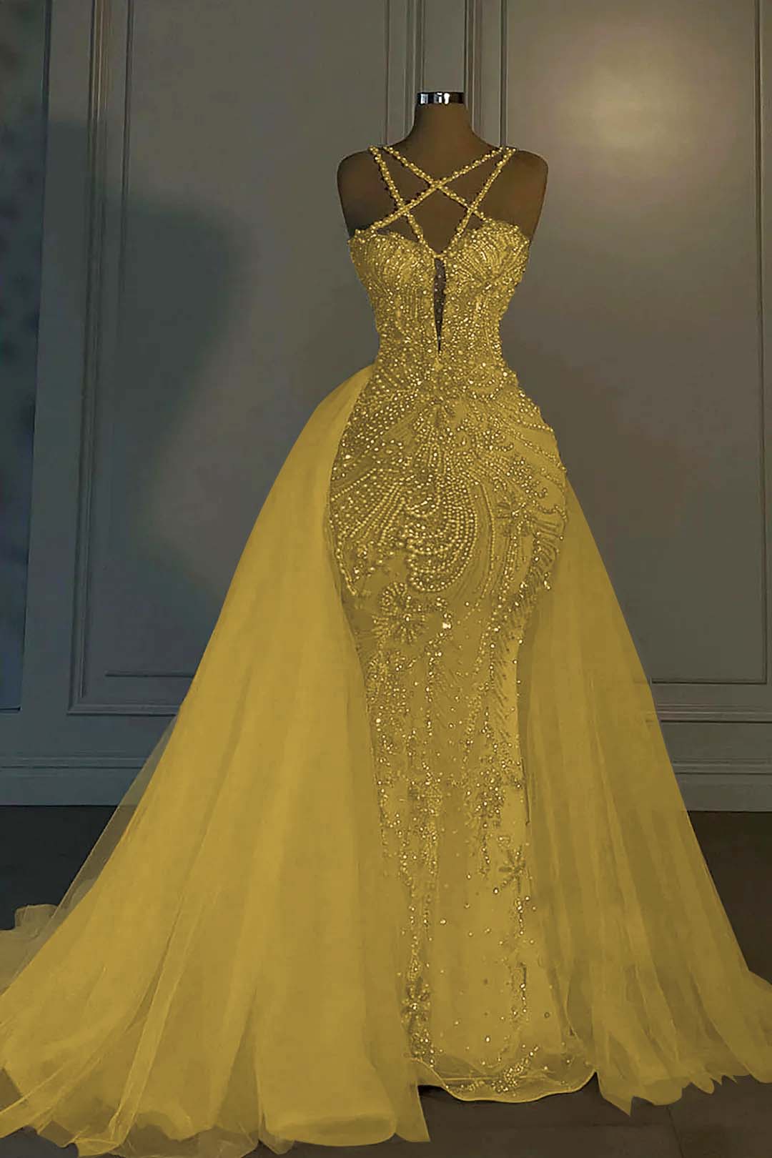 Cocoslly Halter Sleeveless Long Mermaid Prom Dress With Sequins Beadings And Tulle Ruffle | Ivory Tulle YL0335