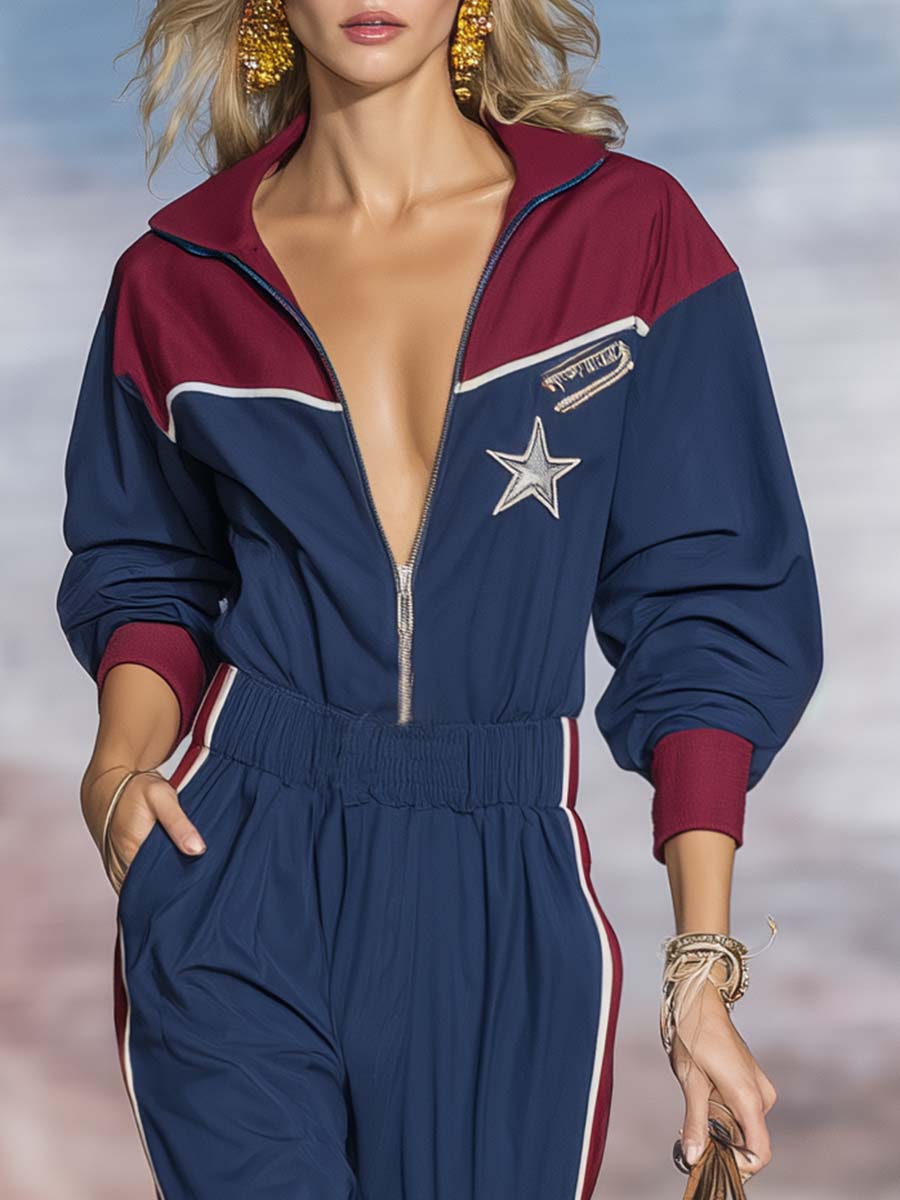 Retro Sporty Star-Badge Navy Colorblock Half-Zip Cotton Jumpsuit
