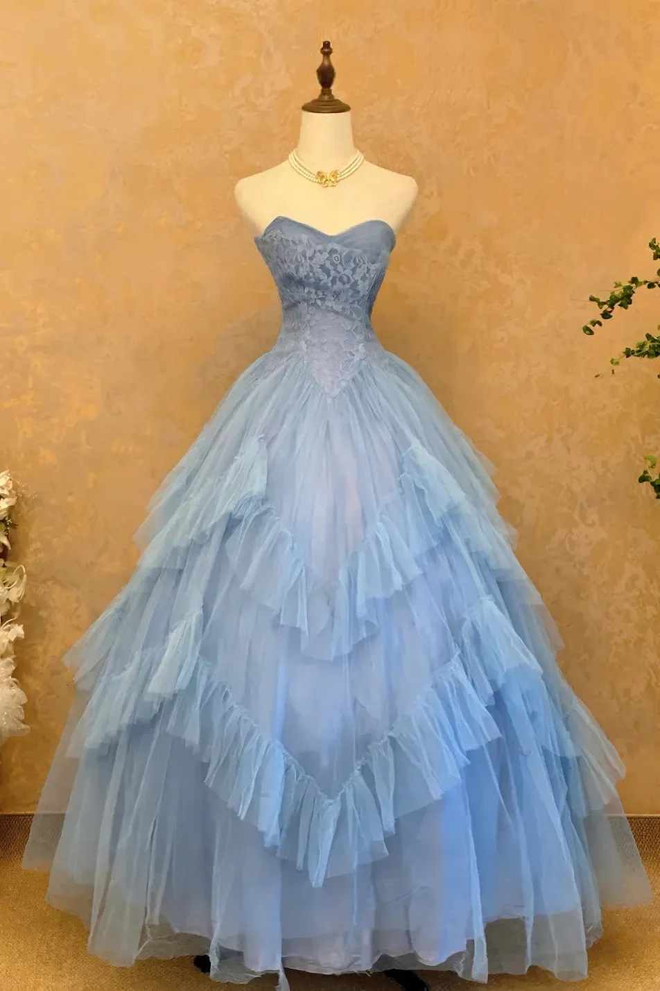 Cocoslly Strapless Sleeveless High Waist Long Prom Dress With Ruffles | Sky Blue Tulle YC0473