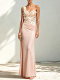 Pink 3D Floral Classic One Shoulder Sleeveless Sheath Floor-length Gown Dress