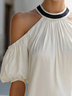 Cold-Shoulder Pleated Halter Neck Blouse
