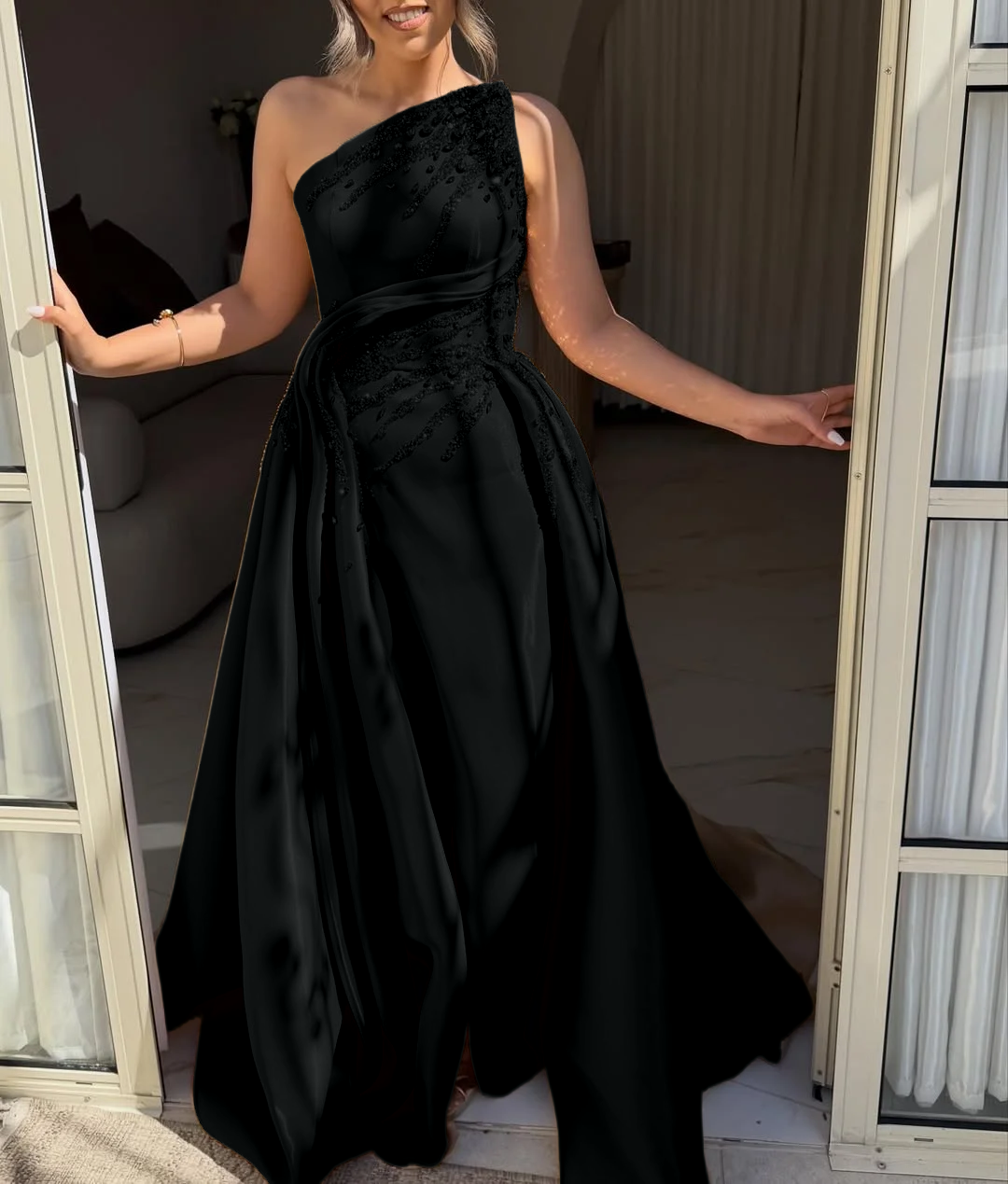 Asymmetric Strapless Sleeveless Long A-Line Prom Dress With Pleated And Beadings YK0692