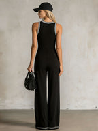 Color-blocked V-neck Button-down Double-pocket Sleeveless Jumpsuit