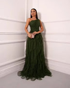 Cocoslly One Shoudler Sleeveless High Waist Long Prom Dress With Ruffles | Forest Green Tulle ZT0560