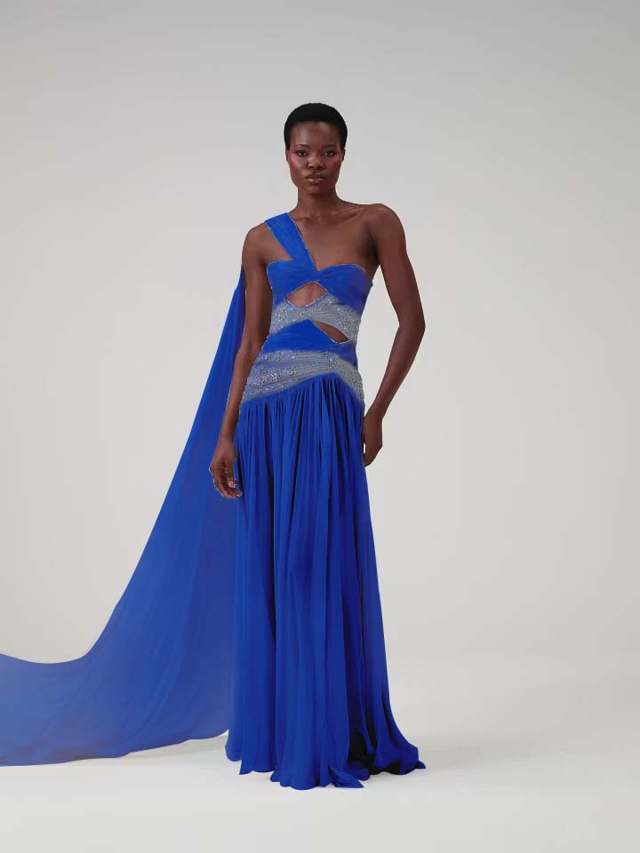 Cocoslly One Shoudler Sleeveless High Waist Long Prom Dress With Rhinstone | Ice White Chiffon YK1281