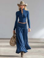 Elegant Sporty Dark Blue Cotton Lapel Zip-front Top And Low-rise Skirt Set