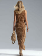 Leopard Print Crew Neck Sleeveless Vest And Split-hem Velvet Skirt Set
