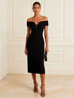 Black Bow Classic Off The Shoulder Short Sleeve Sheath Midi Dress