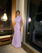 Cocoslly High Neck Short Sleeves High Waist Long Prom Dress With Lace | White Satin DB0111