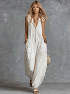 Vintage Casual Western Hooded V-neck Front Zip Lace Trim White Cotton Jumpsuit