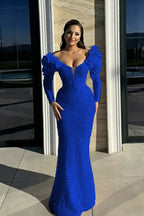 Cocoslly Strapless Long Sleeves High Waist Long Mermaid Prom Dress With Rhinstone And Flowers | Red Sequins WQ0744