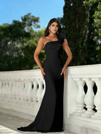 Satin One Shoulder Strapless Sleeveless Long Mermaid Prom Dress With Beadings And Flower YK0640