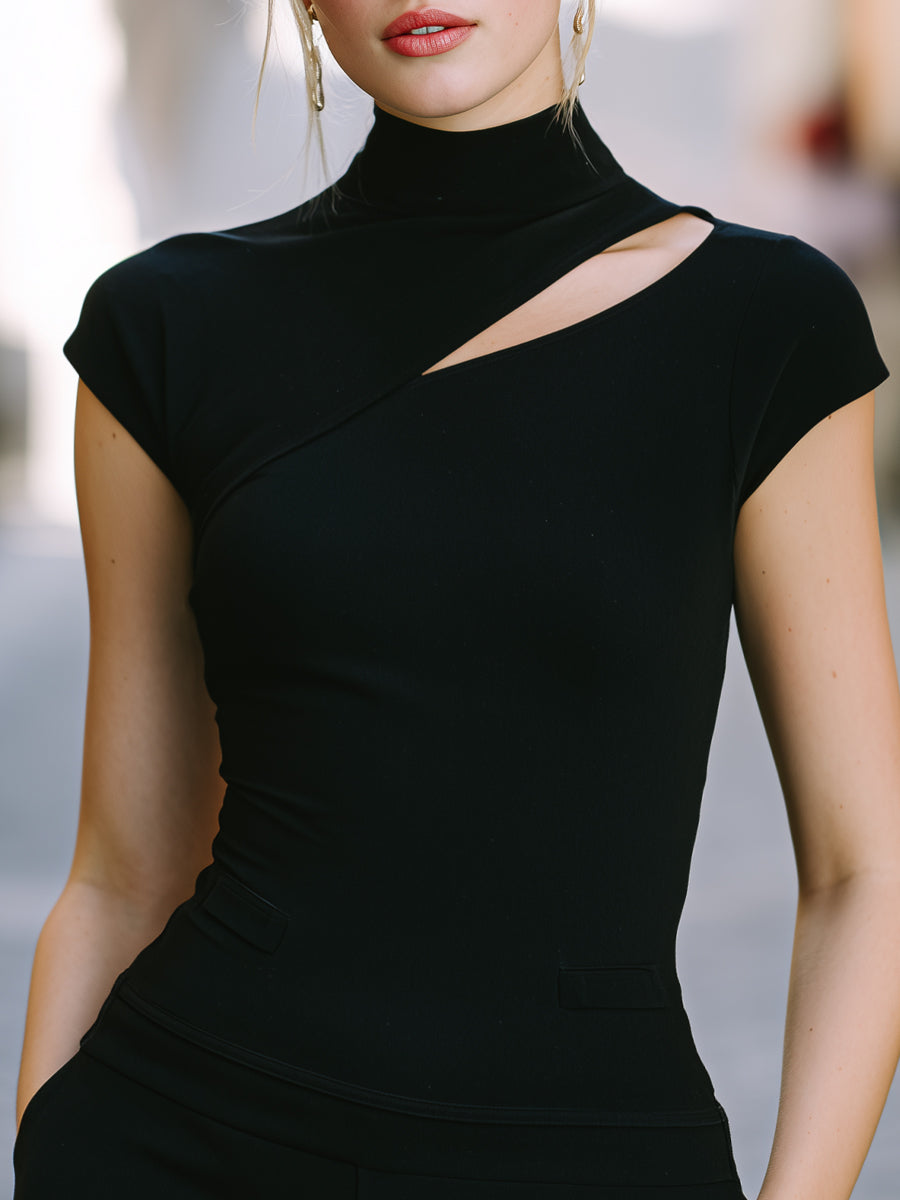 Asymmetric Cutout High-Neck Fitted T-Shirt