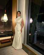 Cocoslly High Neck Short Sleeves High Waist Long Prom Dress With Lace | White Satin DB0111