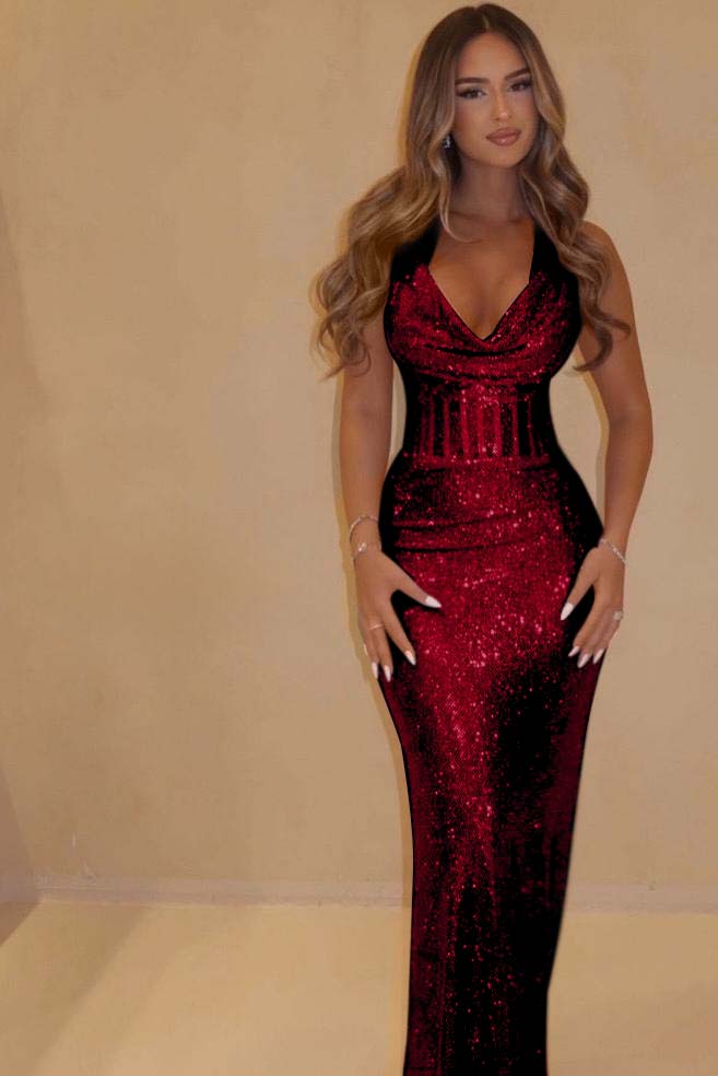 Sequin Halter Sleeveless Long Mermaid Prom Dress With Pleated WQ0091