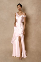 Cocoslly Wide Straps Sleeveless High Waist Long Prom Dress With Split And Ruffles | Glod Chiffon