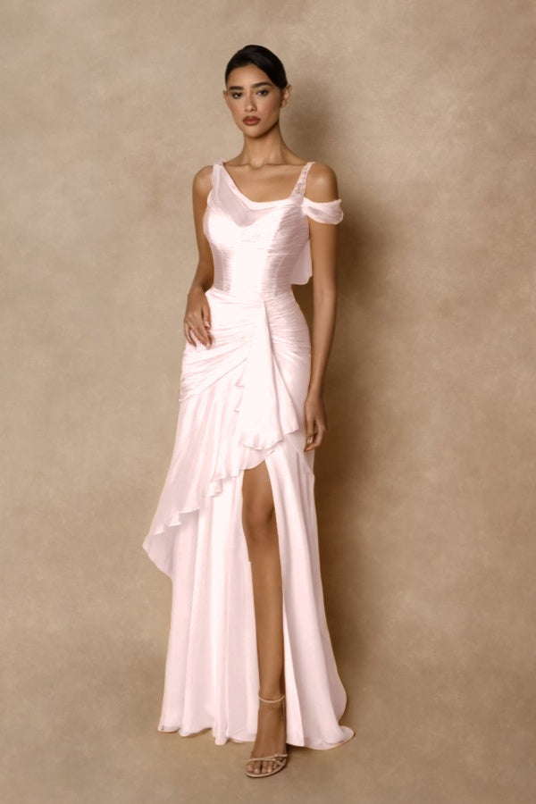 Cocoslly Wide Straps Sleeveless High Waist Long Prom Dress With Split And Ruffles | Glod Chiffon