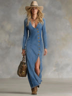 V-neck Single-breasted Side-slit Denim Long-sleeved Maxi Dress
