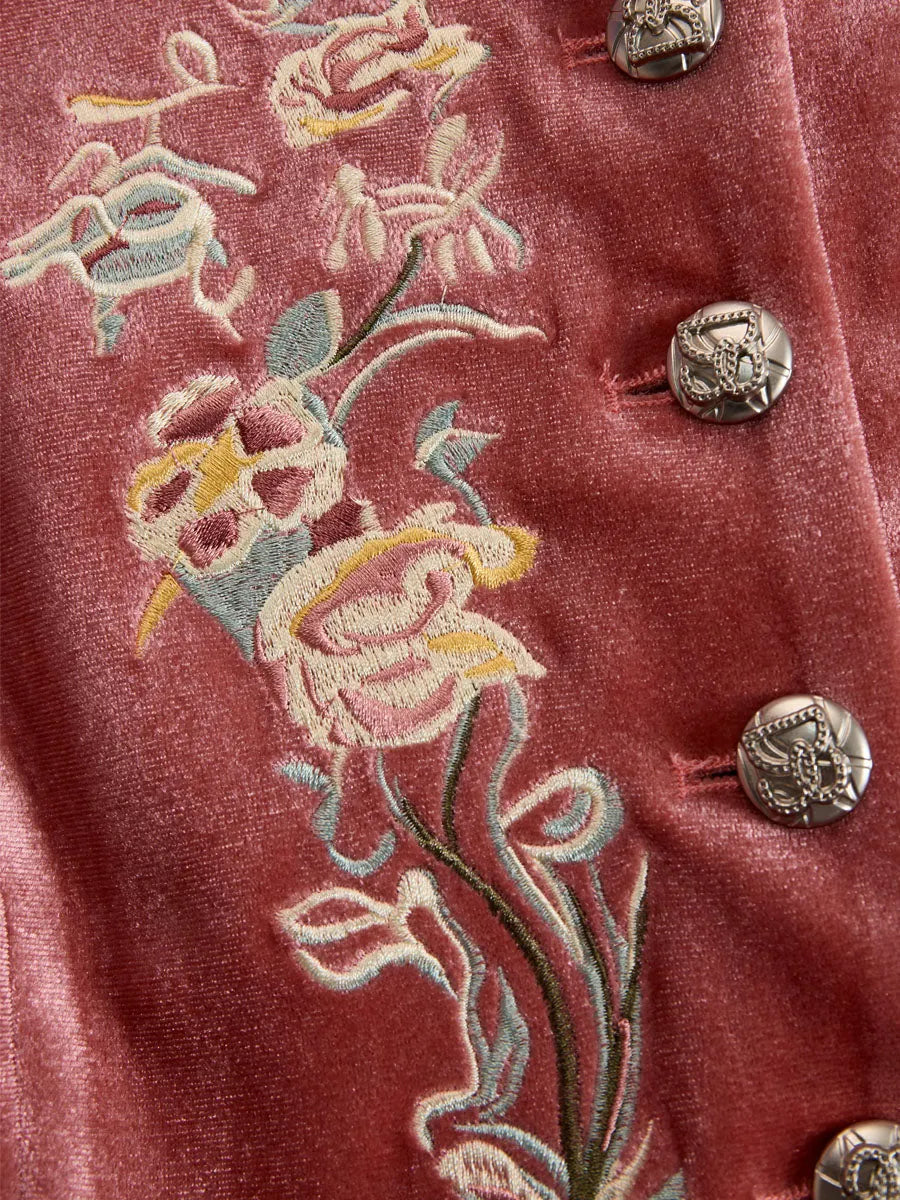 Western-style Stand-up Collar Single-breasted Floral Embroidered Velvet Jacket