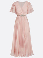 Pink Pleated Rhinestone Chiffon V Neck Short Sleeve Ruffle Sleeve A-Line Maxi Dress