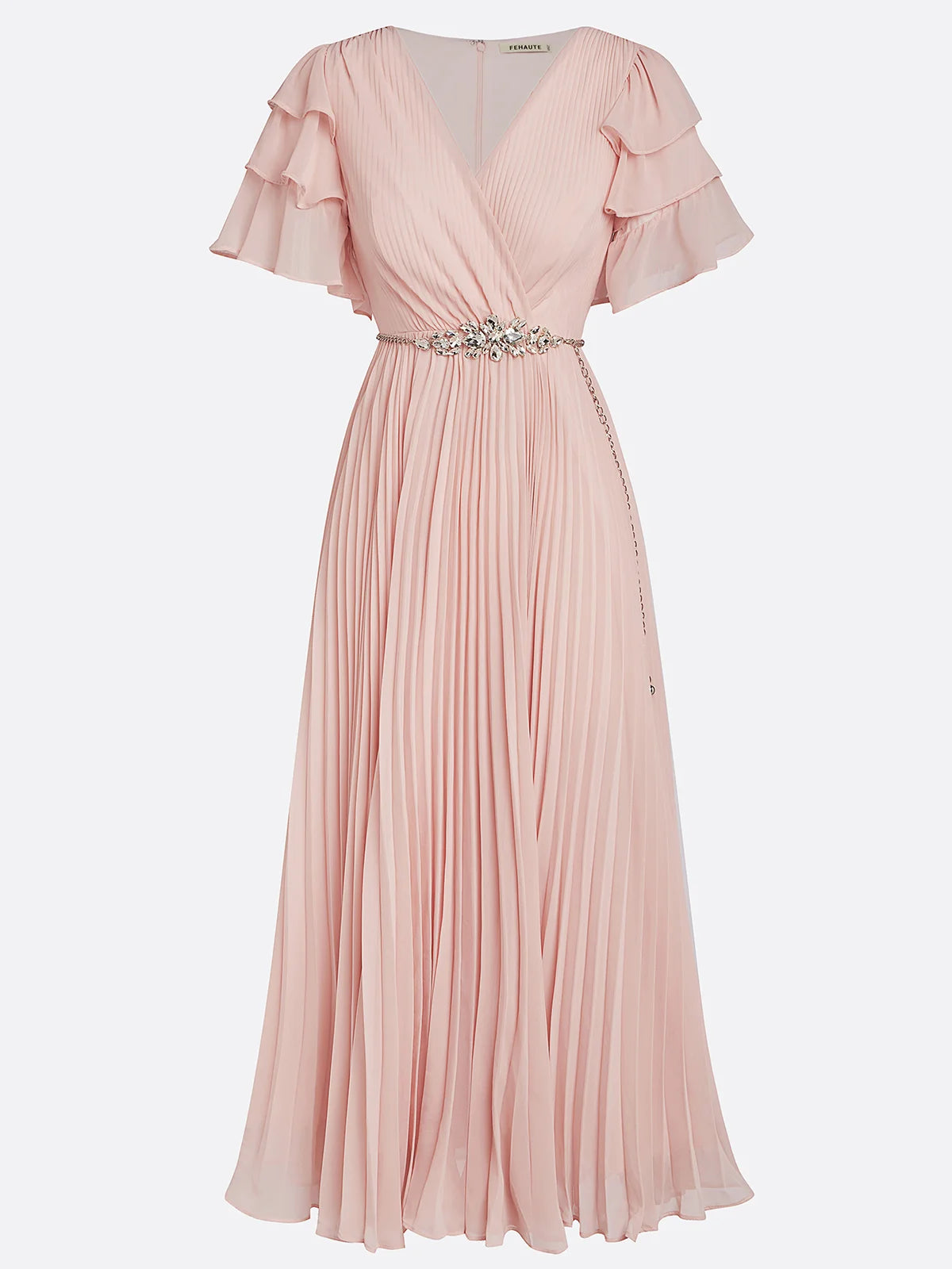 Pink Pleated Rhinestone Chiffon V Neck Short Sleeve Ruffle Sleeve A-Line Maxi Dress
