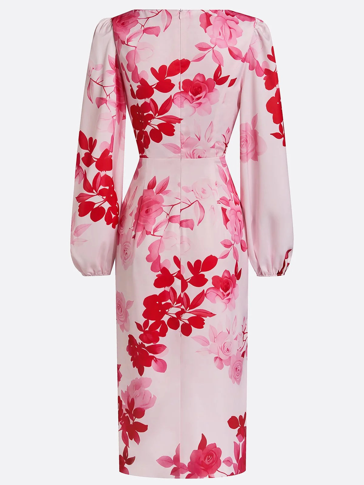 Pink Floral Satin V Neck Long Sleeve Balloon Sleeve Sheath Midi Dress