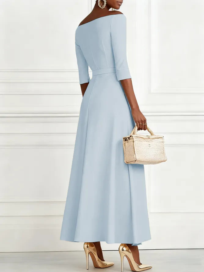 Light Blue Classic Off The Shoulder Half Sleeve A-Line Maxi Dress