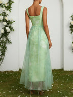 Light Green Floral Split Joint Satin Square Neck Sleeveless A-Line Maxi Dress