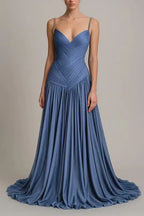 Cocoslly Spaghetti Straps Sleeveless High Waist Long Prom Dress With Pleated | Dusty Blue Chiffon LR0340